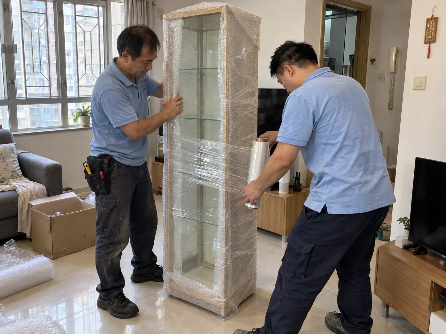 兩名工人在客廳用氣泡紙同膠膜包裝玻璃櫃，旁邊有紙箱